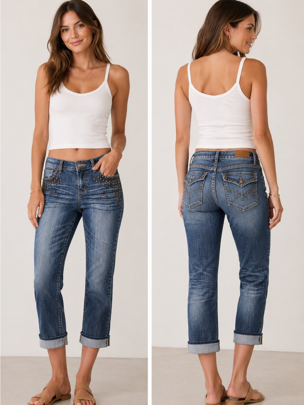 1ST KISS Jeans 7 Capri Dark Denim Stretch Embellished Metal Studs Cuffed Hem